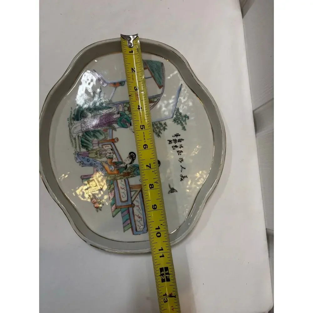 Vintage Chinese Famille Rose Porcelain Scalloped Tray Plate Gold Rim Decor